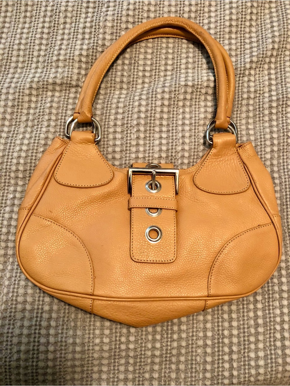 Prada Caramel Leather Shoulder Bag with Buckle Accent